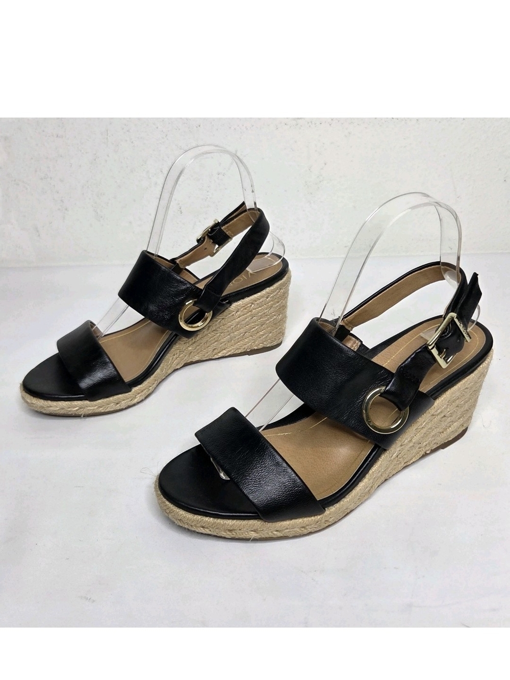 Vionic Tulum Vero Espadrilles Wedge Sandal 7 Black Leather Jute Coastal Resort